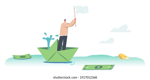 Financial Crisis Concept. Bankrupt Businessman Character Stand at Sinking Paper Ship Waving White Flag in Sea with scatter Dollar Bills and Coins Business Man Bankruptcy. Cartoon Vector Illustration