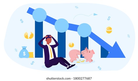 Financial crisis concept with bottoming business graph, broken piggy bank and coins and desperate businessman. Flat vector illustration