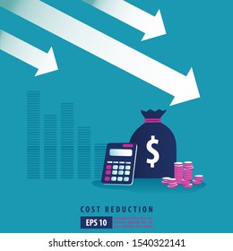 financial crisis concept. cost reduction strategy and analysis. pile of dollar coin fall down symbol. economic decline, downfall, crisis and bankrupt. Business vector illustration 