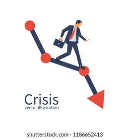 Financial crisis concept. Economy problem collapse crash. Businessman on falling diagram. Loss of income. Capital lost. Cost reduction. Vector illustration flat design. Declining chart. Down profit.