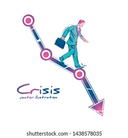 Financial crisis concept. Economy problem collapse crash. Businessman on falling diagram. Loss of income. Capital lost. Cost reduction. Vector illustration sketch style. Declining chart. Down profit.