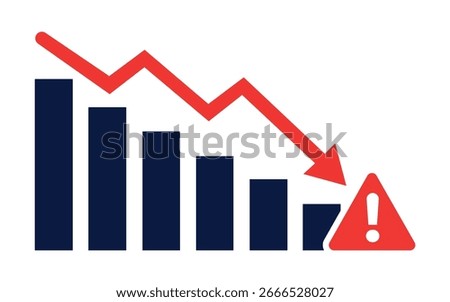 Financial Crisis Concept with Falling Bar Graph and Red Downward Arrow Showing Economic Decline, Warning Alert Symbol Illustration