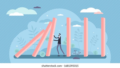 Financial Crisis Concept, Flat Tiny Business Person Vector Illustration. Global Economic Recession And World Wide Bankruptcy Crash. Stylized Abstract Market Collapse Domino Chain Reaction Effect.