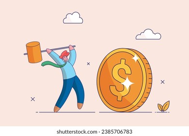 Financial crisis concept. Global economic money problem. Businessman uses sledgehammer and breaks dollar coin. Bankruptcy unpaid loan debt, investment failure. Business flat vector illustration.