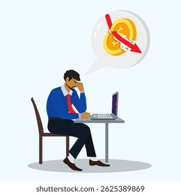 conceito de crise financeira. Problema de dinheiro econômico global, Falência de dívida de empréstimo não pago, falha de investimento. Homem sentado na cadeira enquanto está tonto olhando para baixo a seta da tela do laptop. 
