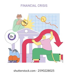 Financial crisis concept. Illustrates the impacts of economic downturns through anthropomorphic characters amidst financial distress. Highlighting market fluctuations and emotional responses to