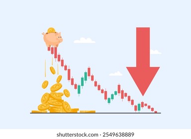 Financial crisis concept, losses, falling stock prices. Red Japanese candlestick chart and down arrow, and piggy bank losing money due to falling quotes. Flat vector cartoon illustration.