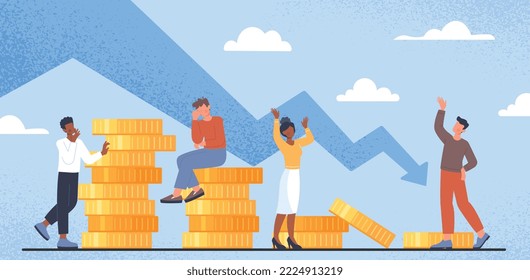 Financial crisis concept. Men and women next to money look at falling arrow. Bankruptcy and financial problems. Entrepreneurs and employees. Poster or banner. Cartoon flat vector illustration