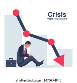 Financial crisis concept. Problem collapse crash. Crying businessman is sitting under falling chart. Loss of income. Capital lost. Cost reduction. Vector flat design. Declining diagram. Down profit.