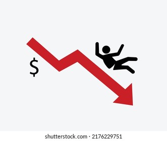 Financial crisis concept. Stock or financial market crash with red arrow flat vector illustration. Businessman slides red arrow.
