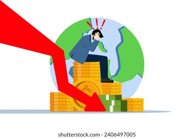 concepto de crisis financiera. las pequeñas empresas que están deprimidas están experimentando un declive. quiebra de la empresa. El gráfico con la flecha hacia abajo muestra la economía. ilustración vectorial plana.