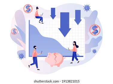 Financial crisis concept. Tiny businessmen faces Coronavirus pandemic or COVID-19 impact on global economy and stock markets. Economic downturn. Modern flat cartoon style. Vector illustration 