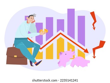Financial crisis concept, vector illustration, bankruptcy flat man character sit near failure business graph, sad person near broken empty piggy bank.