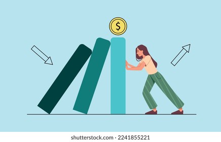 Financial crisis concept. Woman holds up falling poles with gold coin on top. Entrepreneur saves company from bankruptcy and financial problems. Poster or banner. Cartoon flat vector illustration