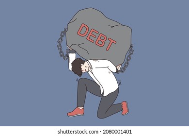 Financial crisis and debt concept. Young stressed exhausted businessman sitting on knee holding huge stone as debt on back feeling bad vector illustration 