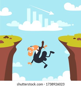 Financial crisis decreasing dollar falling down vector illustration. Money loss flat style. Market fall bankruptcy and budget recession. Bad economy reduction concept
