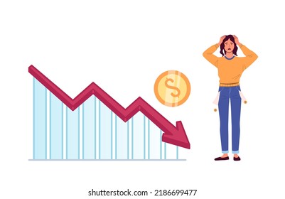 Financial Crisis. Depressed Woman Watching Marker Fall. Company Bankruptcy Or Budget Recession Concept. Chart With Falling Arrow Showing Economy Collapse Vector. Employee Losing Money