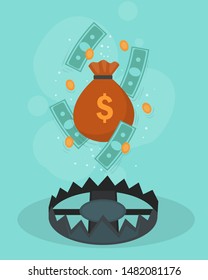 Financial crisis design poster vector illustration. Money bag with banknotes and golden coins falling in bear trap. Template showing extreme supply shortage flat style. Economical balance loss concept