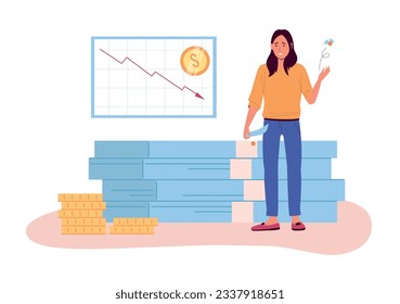 Financial crisis. Disappointed person showing empty pockets. Market fall, cart showing arrow going down. Economy collapse concept. Employee without money, poverty vector illustration
