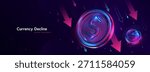 Financial Crisis, Dollar Fall Down. USD Inflation. Falling Currency Symbol With Neon Arrows Showing Economic Decline And Market Drop In Futuristic Style. Dynamic Finance Concept. Vector Illustration.
