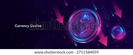 Financial Crisis, Dollar Fall Down. USD Inflation. Falling Currency Symbol With Neon Arrows Showing Economic Decline And Market Drop In Futuristic Style. Dynamic Finance Concept. Vector Illustration.