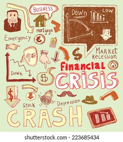 Financial crisis doodle, hand drawn illustration.