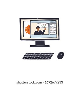 Financial crisis due to corona virus covid-19 concept. A PC, on the display of which news pages of websites with graphs and expert, virus information are open. Flat vector isolated illustration.
