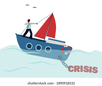 Financial crisis, economic collapse, the ship sinks, the manager saves his business, metaphor, overcoming difficulties in business. Vector illustration.
