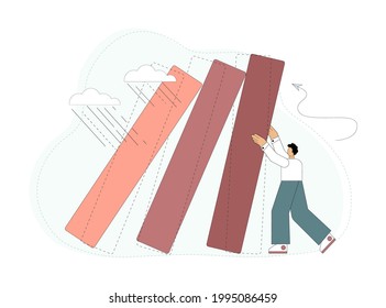 Financial crisis. Economic collapse. Unfavorable conditions for a startup. The person tries to keep the falling histogram. Vector illustration