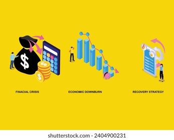 Financial crisis, economic downturn, recovery strategy isometric 3d vector concept