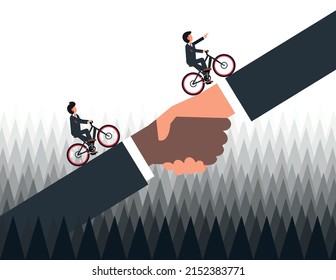Financial crisis and economic recession. businessman helps in overcome obstacles during a crisis, businessman riding a bicycle