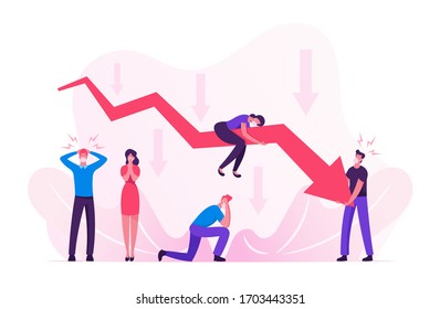 Financial Crisis, Economic Recession Fail During Covid 19 Pandemic. Sad Business People Characters In Medical Masks Around Decline Red Arrow Chart, Falling Down Graph. Cartoon Vector Illustration