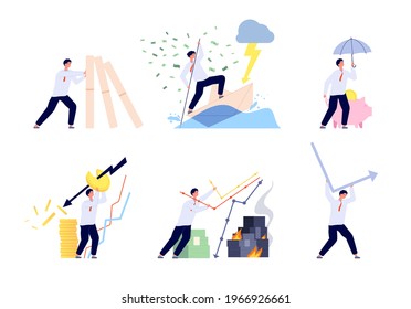 Financial crisis. Economic trend, risk money decline or bankruptcy. Businessman lost finance, failure. Man trying save business utter vector set