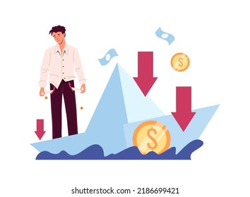 Financial crisis and economy collapse. Poor broken man having business problem. Sinking boat with money loss, company bankruptcy or debt trouble. Investment strategy failure vector