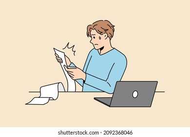 Financial crisis and expenses concept. Young man businessman or worker sitting reading long bill feeling stressed frustrated vector illustration 