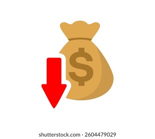 Financial crisis falling bag of money icon. Bankruptcy symbol vector design and illustration.
