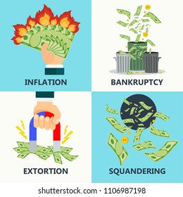 Financial crisis flat vector cartoon illustration. Financial crisis, monetary collapse. Inflation and bankruptcy, fraud and extortion, squandering. Set of conceptual icons on a white background.