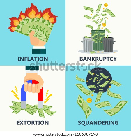 Financial crisis flat vector cartoon illustration. Financial crisis, monetary collapse. Inflation and bankruptcy, fraud and extortion, squandering. Set of conceptual icons on a white background.
