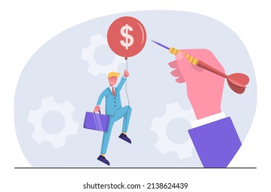 Financial crisis. A hand throws a dart at a balloon with a businessman