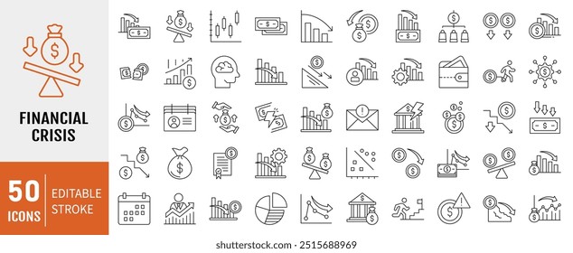 Financial Crisis icon collection. Containing depressions, economic downturn, stock marker cash, financial meltdown, recession, credit crunch, trade war icon. Simple line vector.