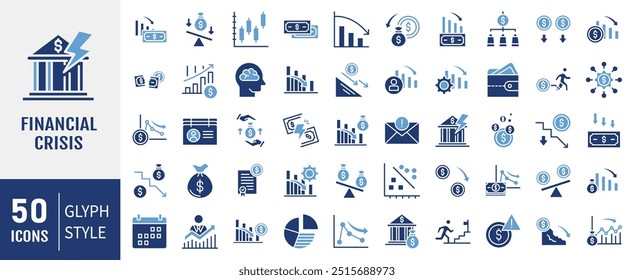 Financial Crisis icon collection. Containing depressions, economic downturn, stock marker cash, financial meltdown, recession, credit crunch, trade war icon. Simple flat vector.