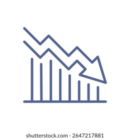 Ícone de crise financeira, símbolo de recessão econômica mínima, tendência decrescente do mercado, representação de perda de dinheiro e falida elemento de negócios, simples indicador de risco econômico linha plana vetor ilustração.