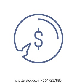 Financial crisis icon, minimal economic downturn symbol, declining market trend, money loss representation and bankrupt business element, simple economic risk indicator line flat vector illustration.