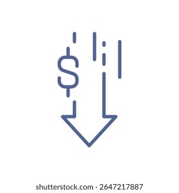 Ícone de crise financeira, símbolo de recessão econômica mínima, tendência decrescente do mercado, representação de perda de dinheiro e falida elemento de negócios, simples indicador de risco econômico linha plana vetor ilustração.