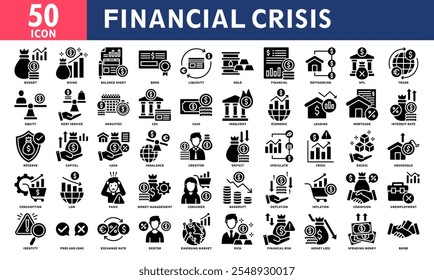 Financial Crisis Icon Set Collection. Simple Glyph Vector