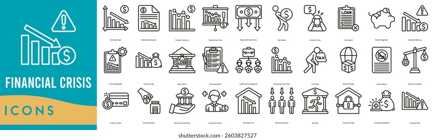Financial Crisis Icon set. Declining Graph, Bankruptcy Document, Economic Downturn, Stock Market Crash, Money with Down Arrow and Debt Burden