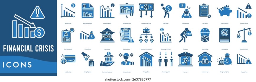 Financial Crisis Icon set. Declining Graph, Bankruptcy Document, Economic Downturn, Stock Market Crash, Money with Down Arrow and Debt Burden
