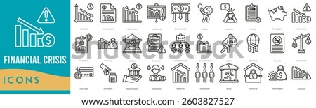 Financial Crisis Icon set. Declining Graph, Bankruptcy Document, Economic Downturn, Stock Market Crash, Money with Down Arrow and Debt Burden