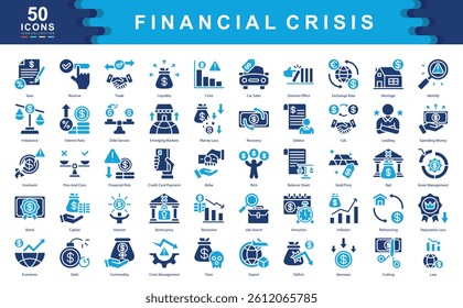 The Financial Crisis icon set defines key drivers of economic downturns such as recession, liquidity, and risk, ideal for financial analysis, economic forecasting, and crisis management.