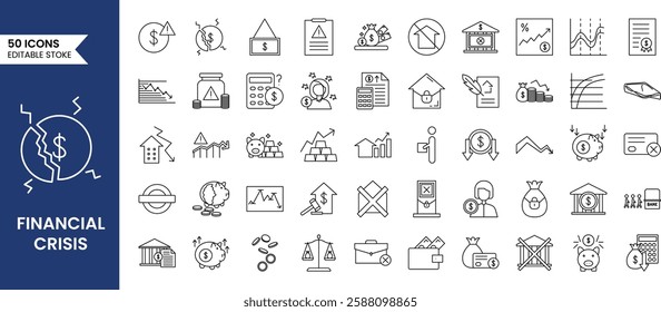 Financial Crisis icon set in line style. crisis, risk, strategy, calculating, bankruptcy, finance and more. Vector illustration